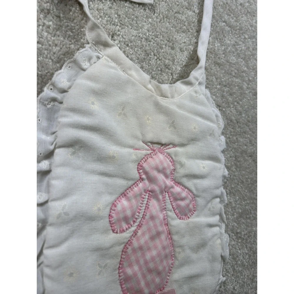 Vintage Baby Bib Pink Gingham Bunny Applique Eyelet Ruffle Trim Embroidered Bow‎